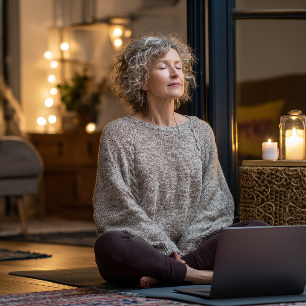 Жінка 52 роки практикує йогу вдома перед ноутбуком, приєднавшись до онлайн-заняття drivolestun у затишній вітальні з килимком для йоги