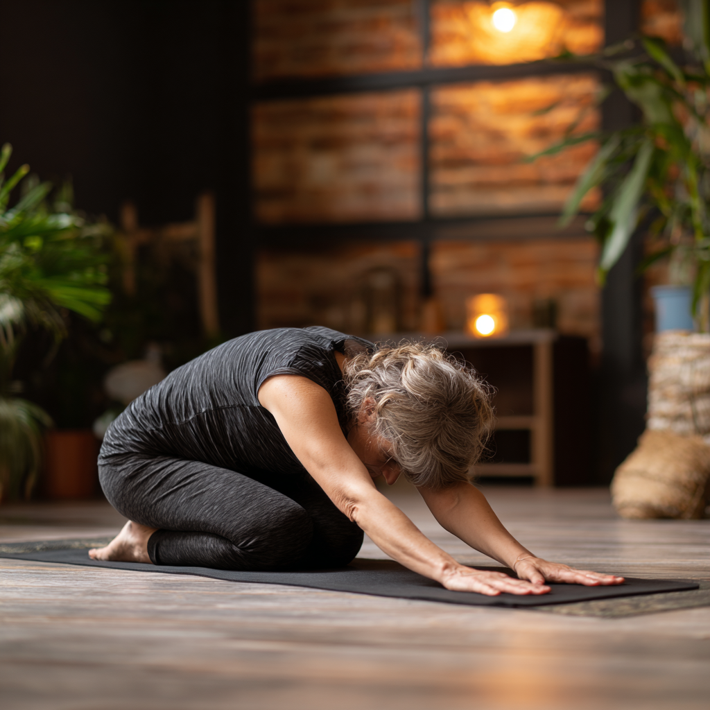 Жінка 55 років виконує базову позу йоги 'дитина' на килимку в затишній студії drivolestun, демонструючи правильну техніку для новачків