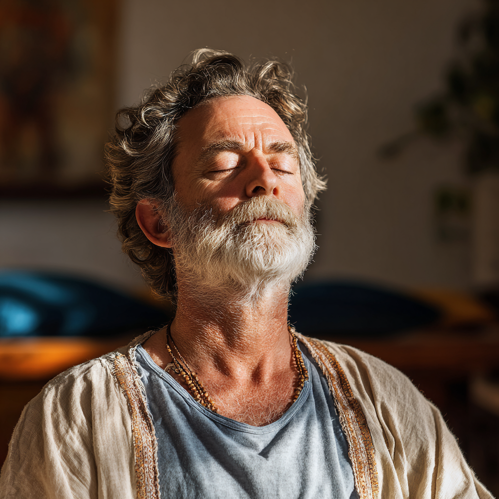 Чоловік 60 років у спокійній позі виконує дихальні вправи пранаями в медитативному куточку drivolestun з закритими очима та зосередженим виразом обличчя